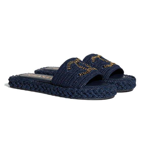 Chanel 21C Navy Blue Cord Gold Chain CC Logo Mule Slide Slip On Sandal Flat 37 - Picture 3 of 12